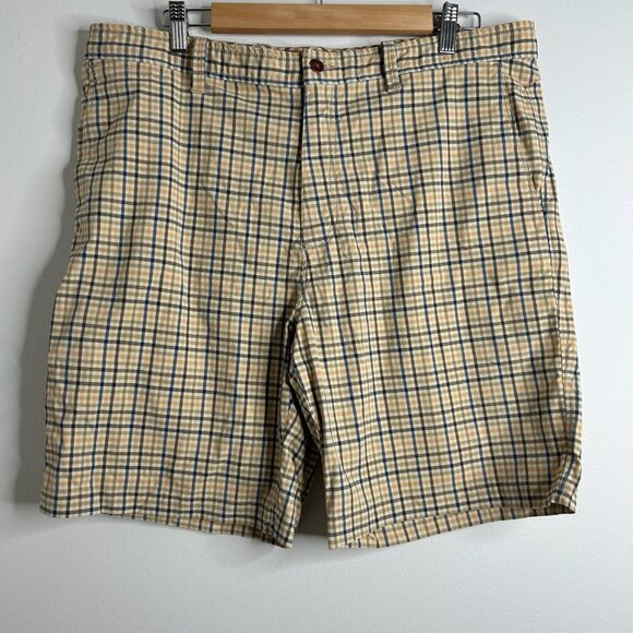 Tommy Bahama Shorts Mens 36 Tan Blue Plaid Check Nylon Stretch Lightweight Beach - Picture 1 of 14